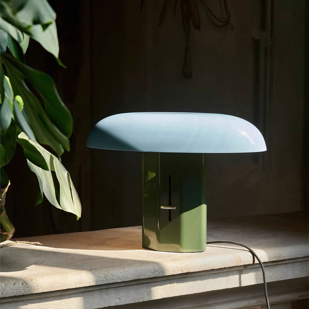 Mushroom Table Lamp with Slanted Shade and Dimmer Switch - Mid Century