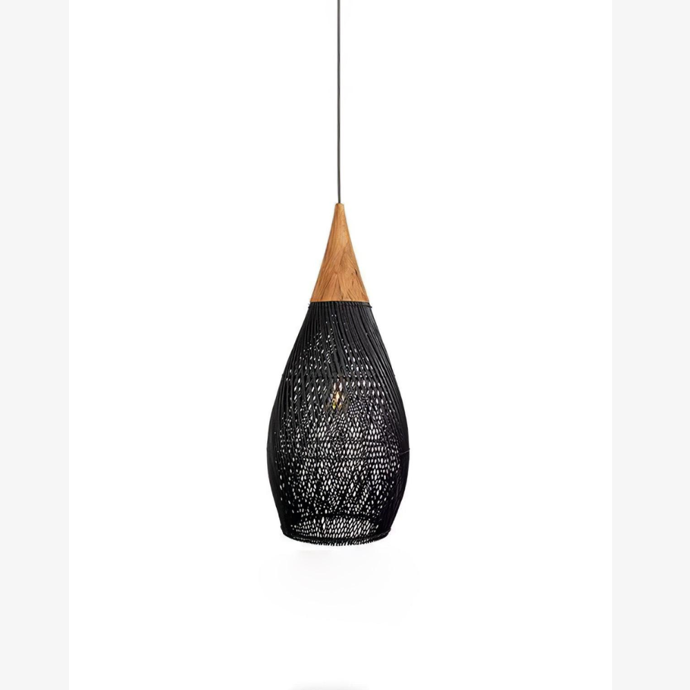 Modern Rattan Silhouette Pendant Light - Woven Basket Hanging Lamp with Wood Cap