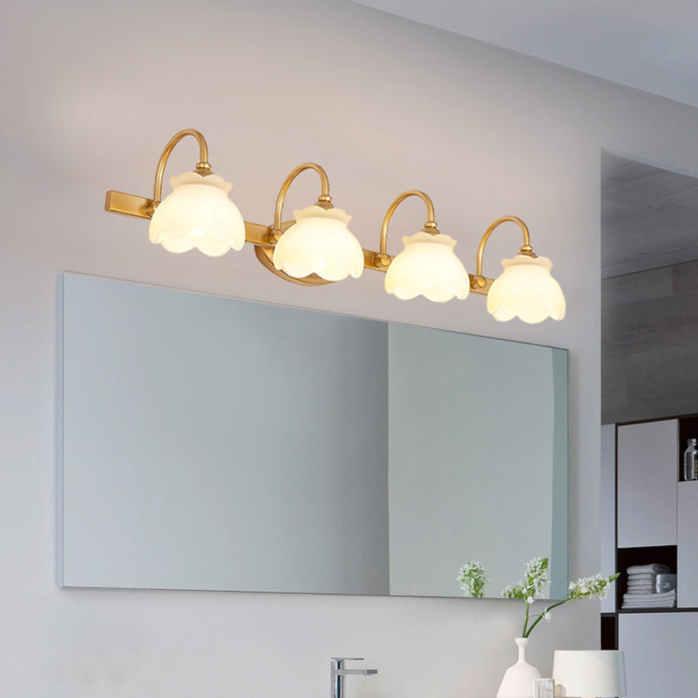 Bathroom lights above mirror with Arched Brass Arms and Frosted Glass - Colonial