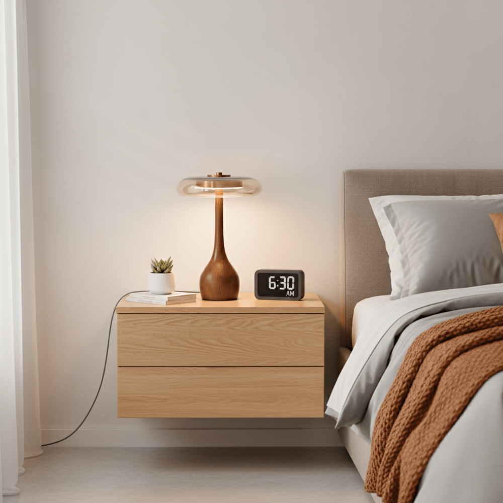 Lampe de table champignon à LED en verre ambré et bois de noyer style milieu du siècle