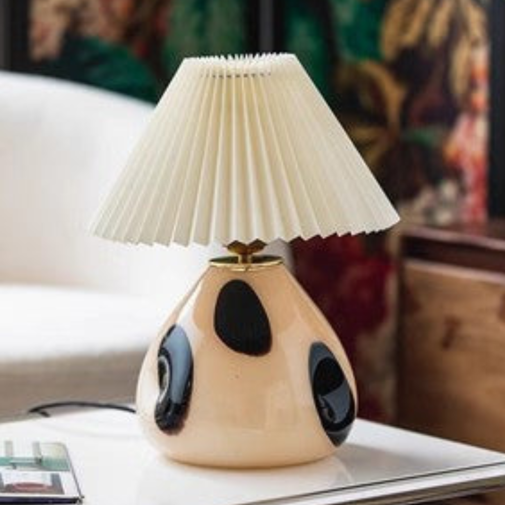 Table Lamp with Pleated Fabric Shade - Mid Century Modern Ceramic
