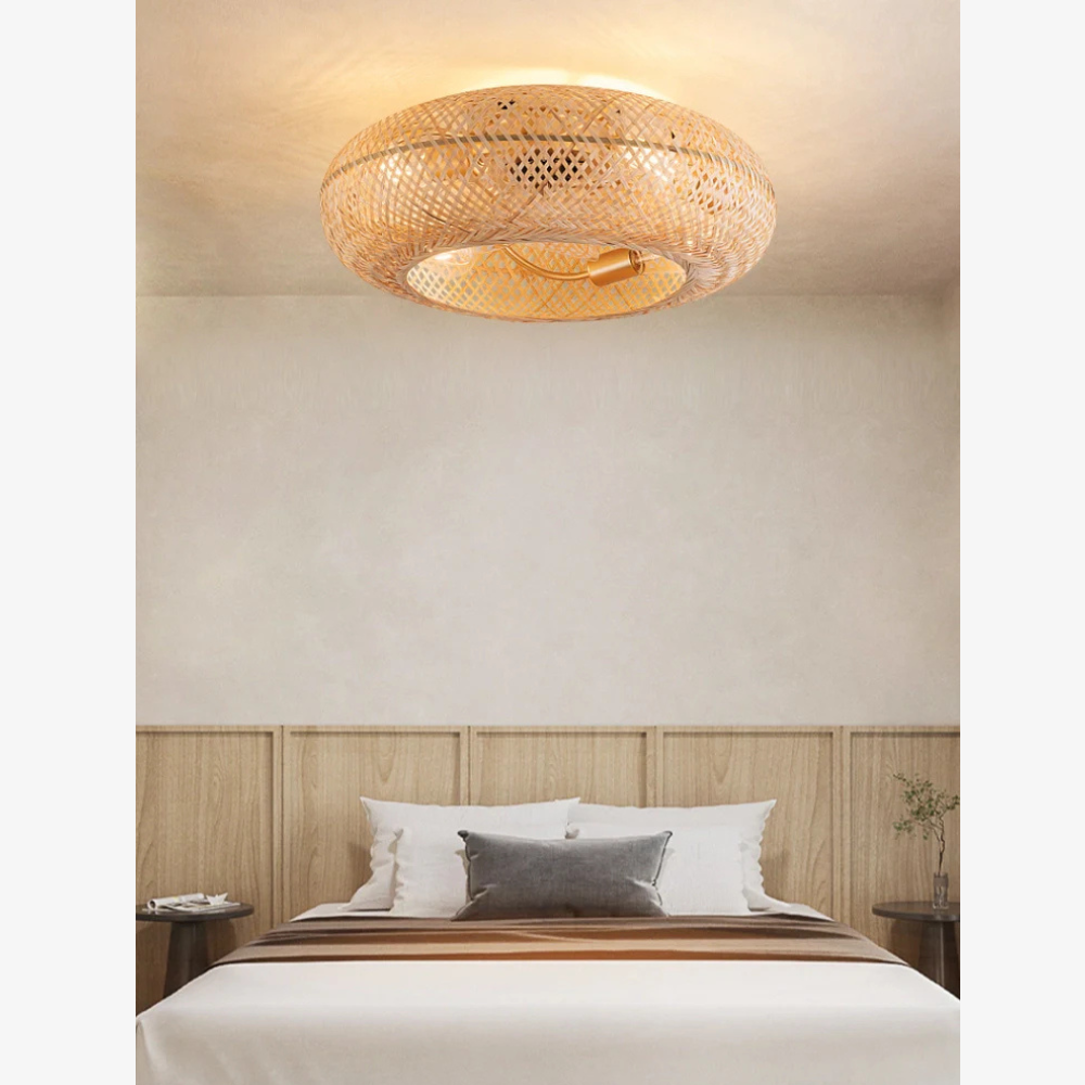 Flush Mount Ceiling Fan Light Woven Bamboo Shade - Coastal Boho Decor