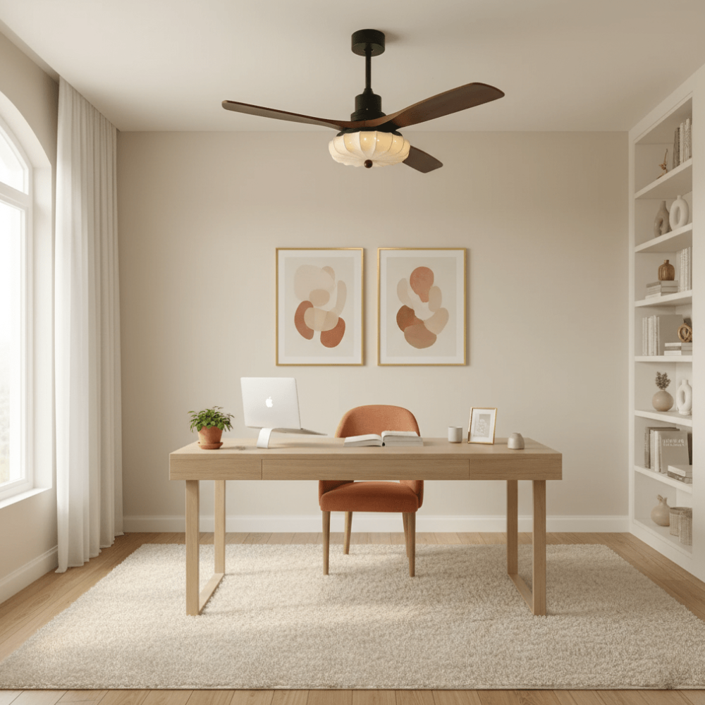 Deckenventilator mit Licht und handgefertigtem Lotus-Schirm aus Stoff – ruhiger moderner Stil