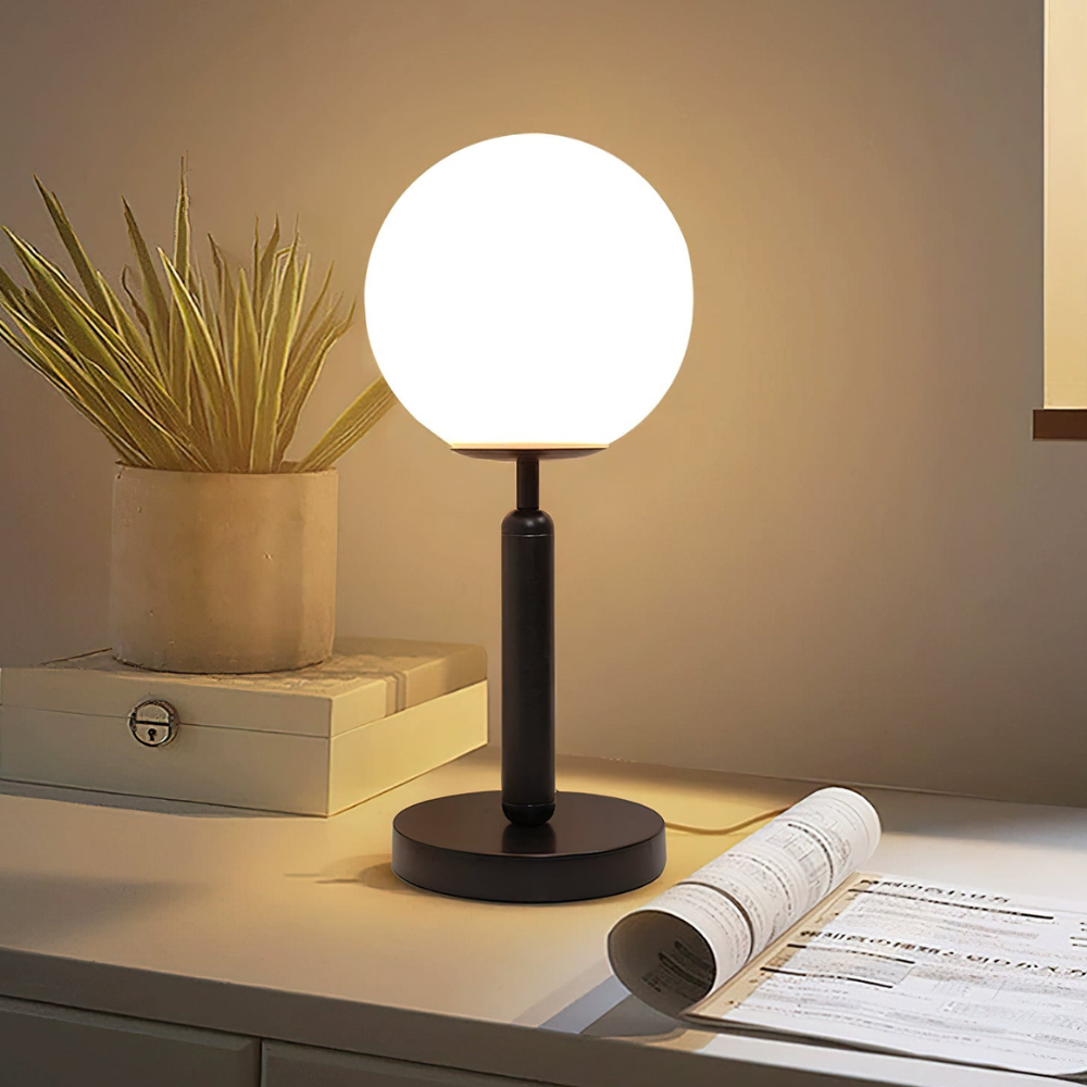 Modern Globe Table Lamp with Pill-Shaped Post - Mid-Century Orb Desk Light