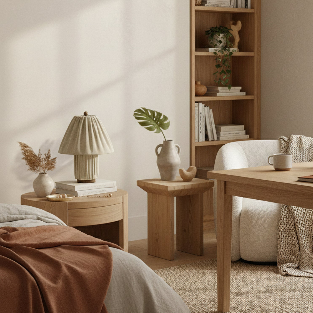 Retro Pleated Linen Table Lamp - Mid-Century Modern Boho Bedside Light