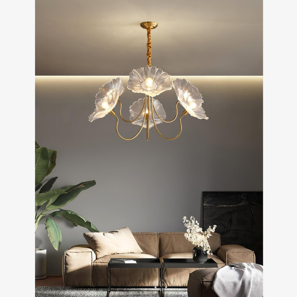 Chandelier with Flower Glass Shades and Gold Metal Frame - Modern Art Deco