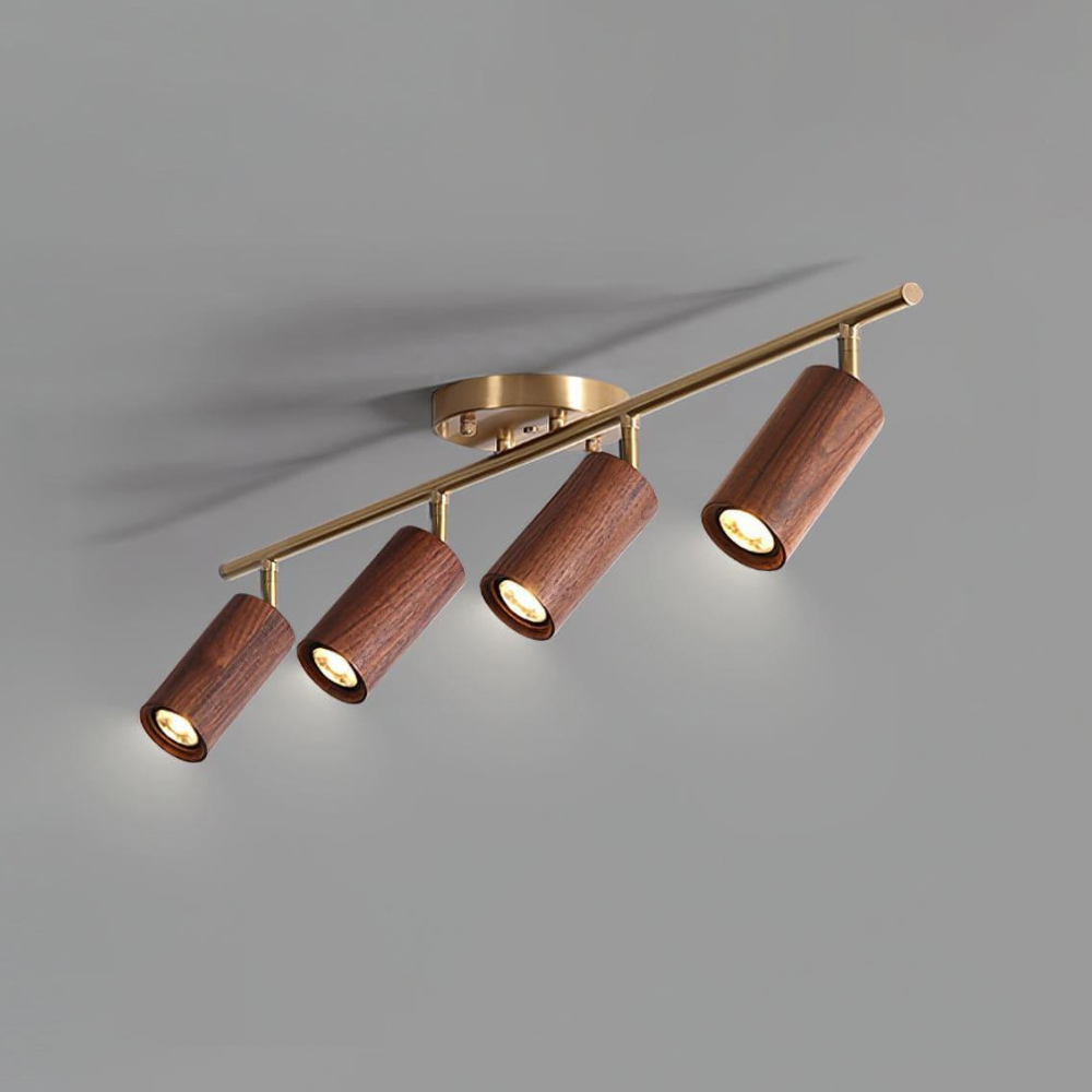 Rotational Wood Track Lighting with Brass Hardware - Mid Century Modern