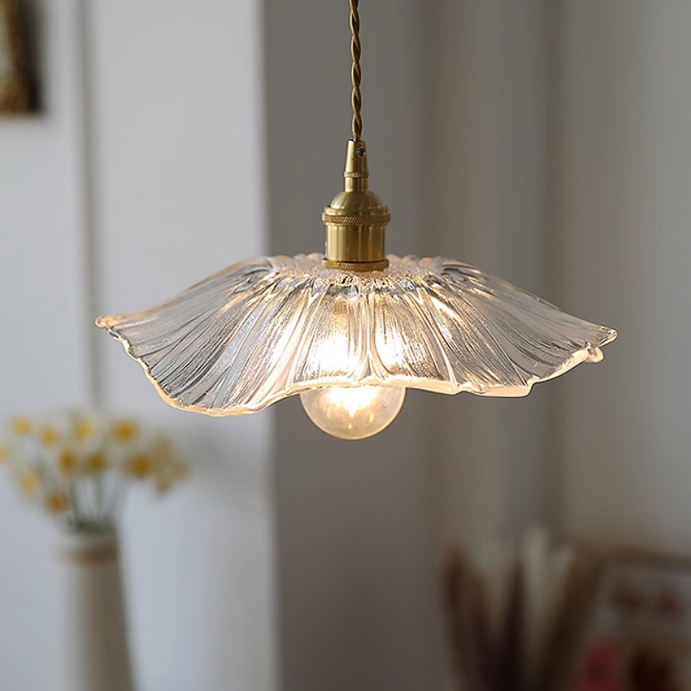Ribbed Glass Flower Petal Pendant Light with Copper Hardware – Vintage Mid Century Style