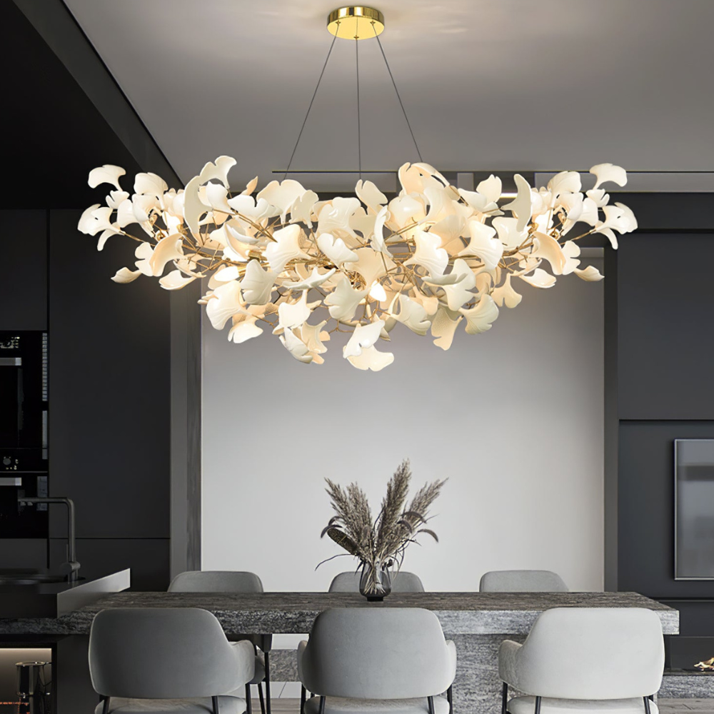 Sputnik-Kronleuchter mit Keramik-Ginkgoblättern – Moderner Art Deco
