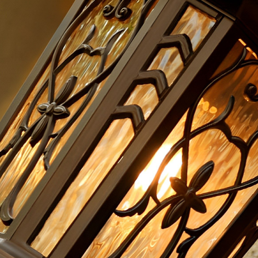 LED Porch Lantern with Scrollwork Frame and Textured Glass - Vintage Style
