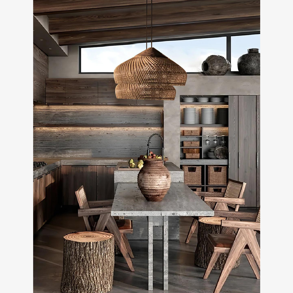 Modern Rattan Silhouette Pendant Light - Woven Basket Hanging Lamp with Wood Cap