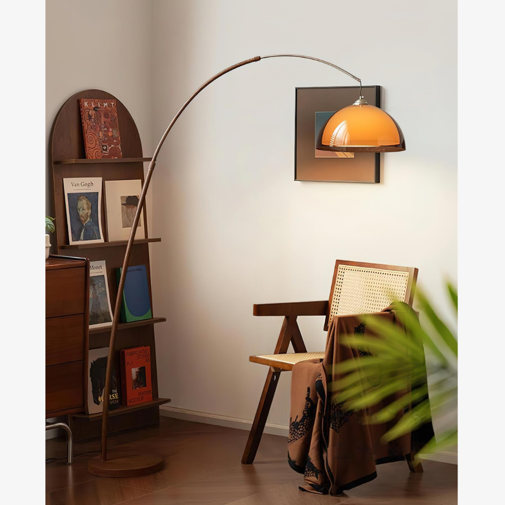 Arc Floor Lamp with Cantilevered Metal Overhanging Arm and Acrylic Dome Shade