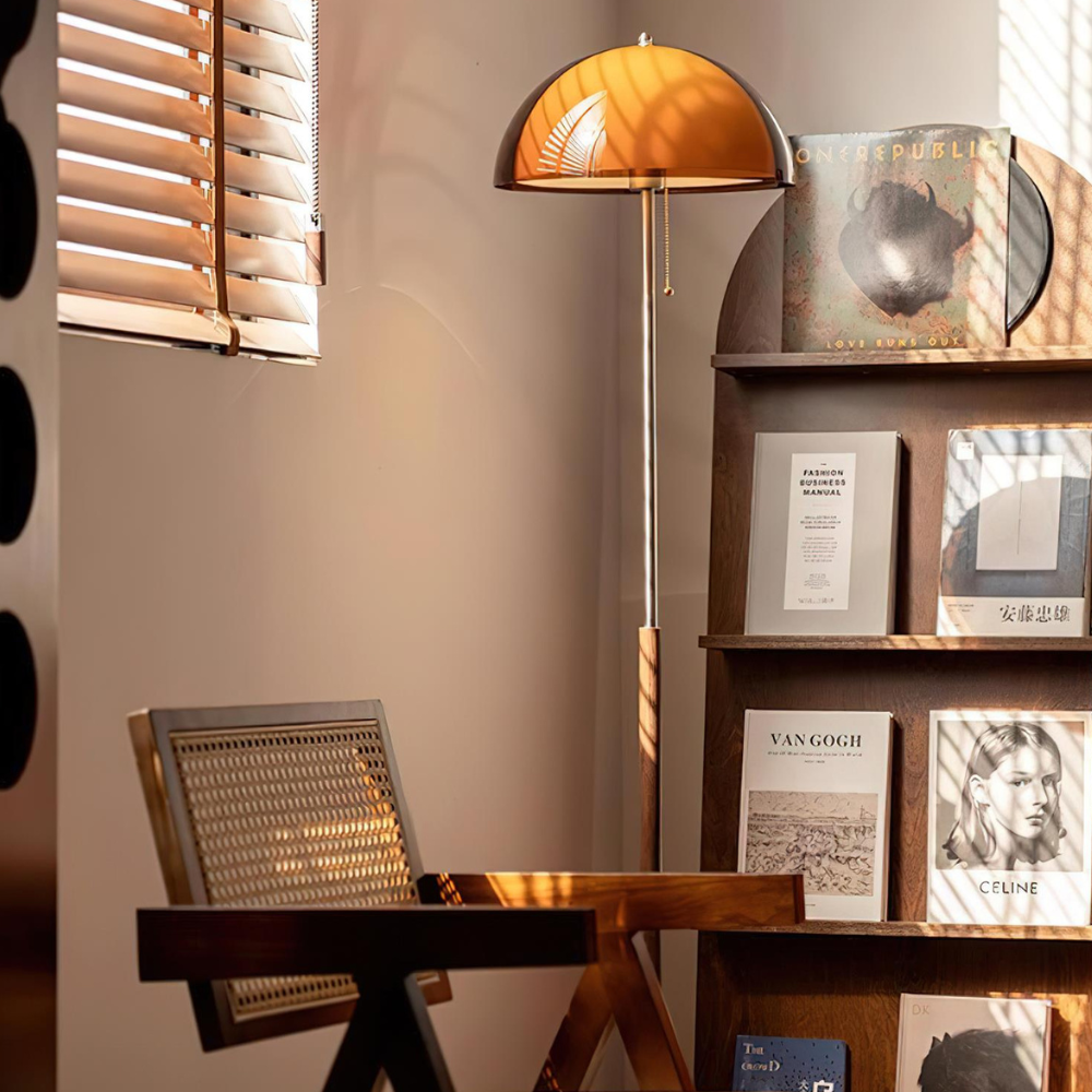 Torchiere Floor Lamp with Bi-Material Metal and Wood Stem with Acrylic Dome Shade