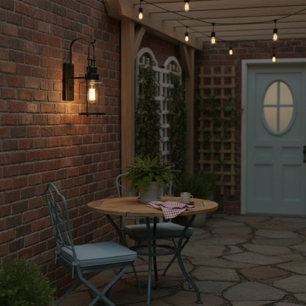 Permanent Outdoor House Lights with Clear Glass Jar Shade and Iron Arm