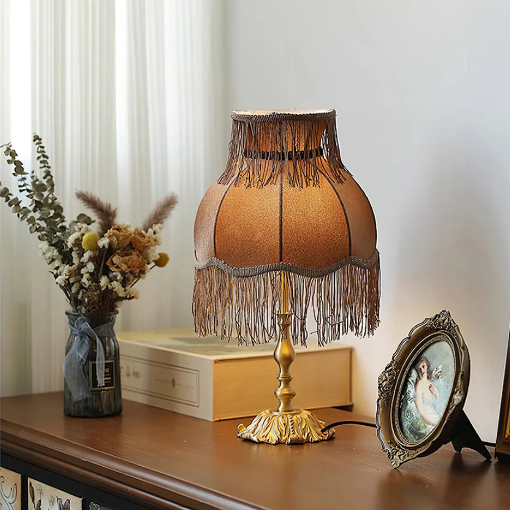 Table Lamp with Fringed Fabric Shade - Vintage Traditional Red