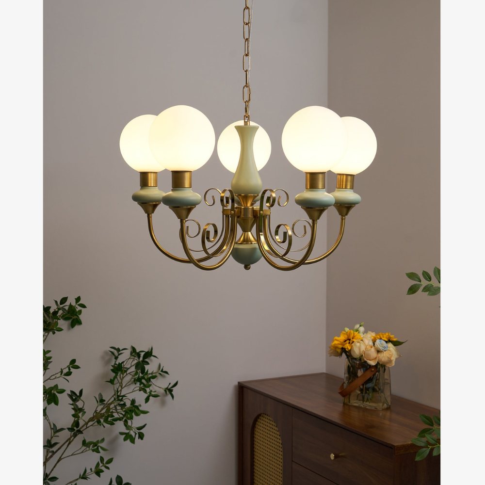 Chandelier with Milky Glass Globes and Scrollwork Frame - Vintage French Style