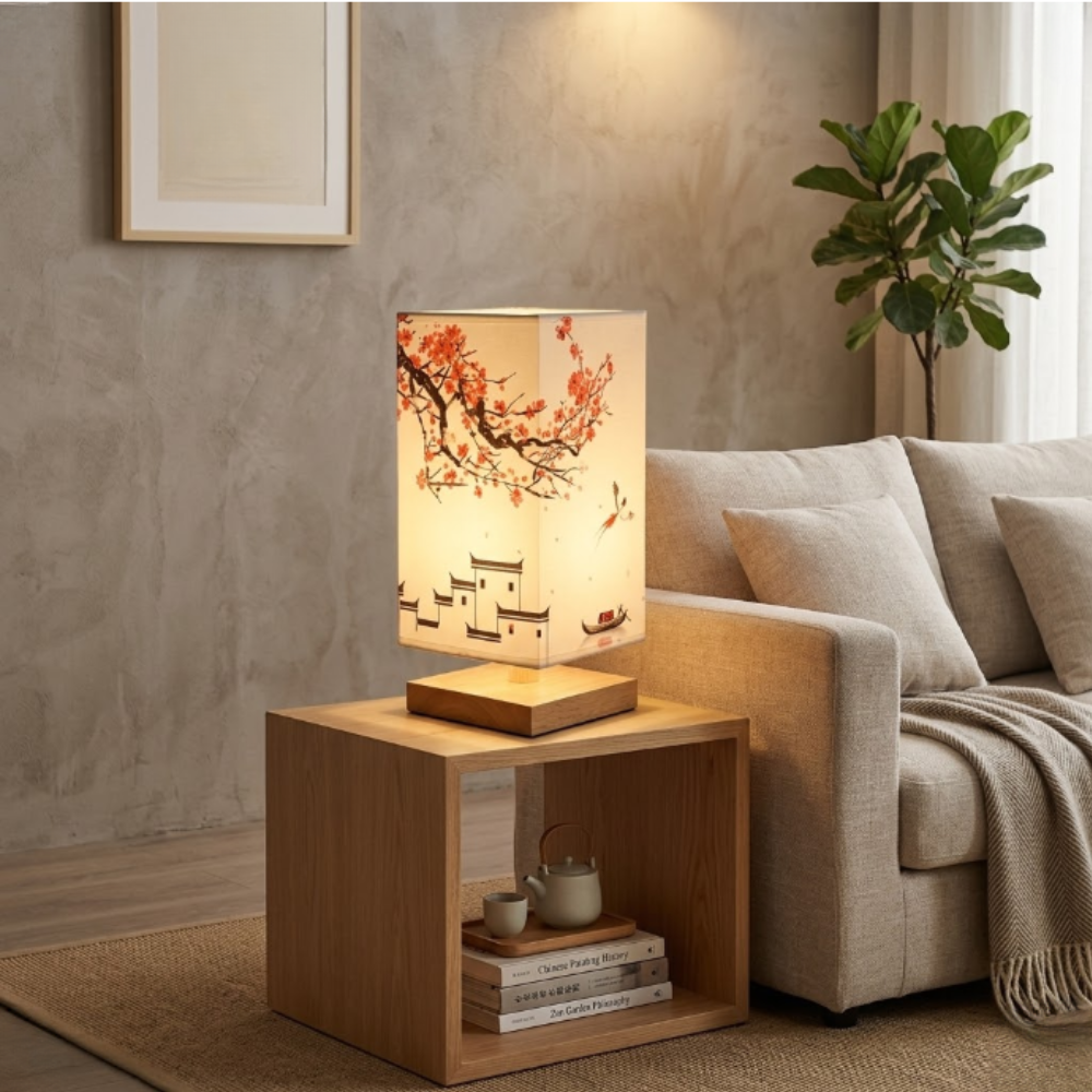 Asiatisch inspirierte Stoffboxlampe mit Holzsockel – Künstlerische Blumenakzentlampe