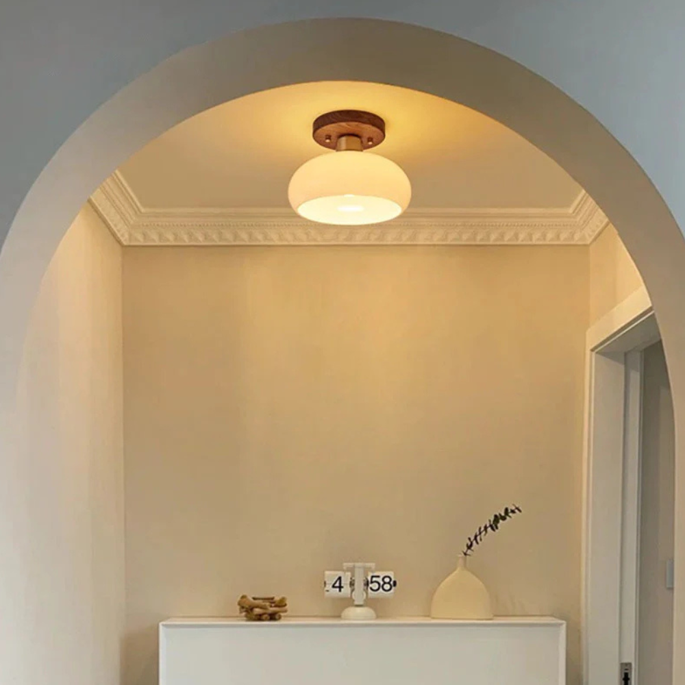 Flush Mount Ceiling Light with Glass Shade - Walnut Mid Century Modern