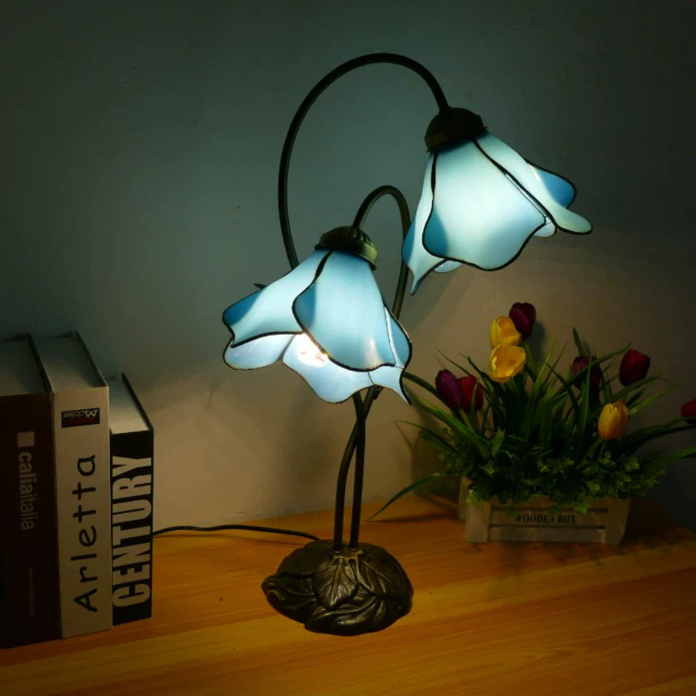 Table Lamp with Flower Glass Shades - Vintage Stained Glass Floral