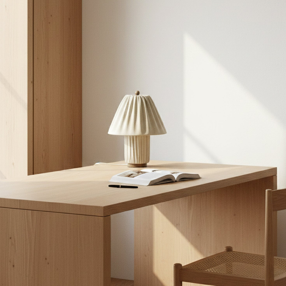 Retro Pleated Linen Table Lamp - Mid-Century Modern Boho Bedside Light