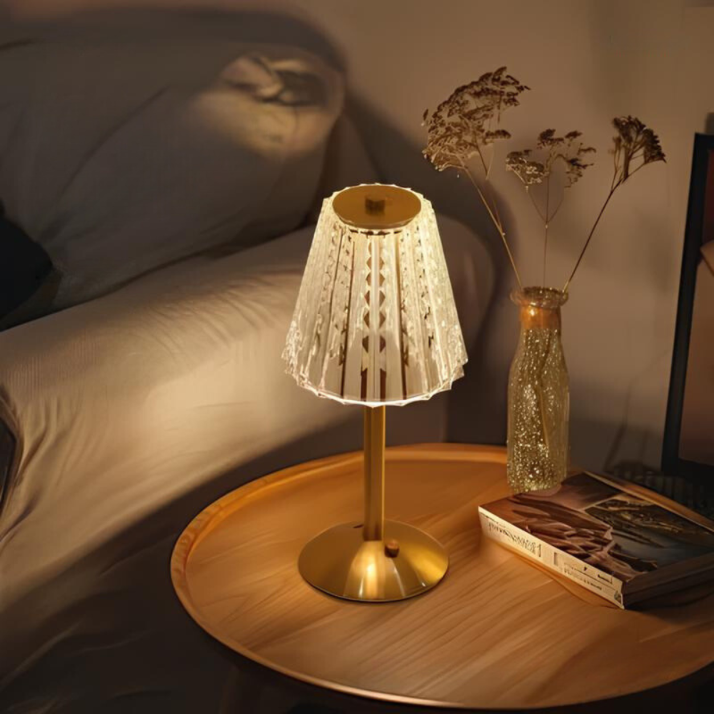 Ribbed Glass Cordless Crystal Table Lamp