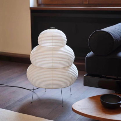 Japanese Rice Paper Table Lamp with Four Legs - Wabi Sabi Tiered Lantern