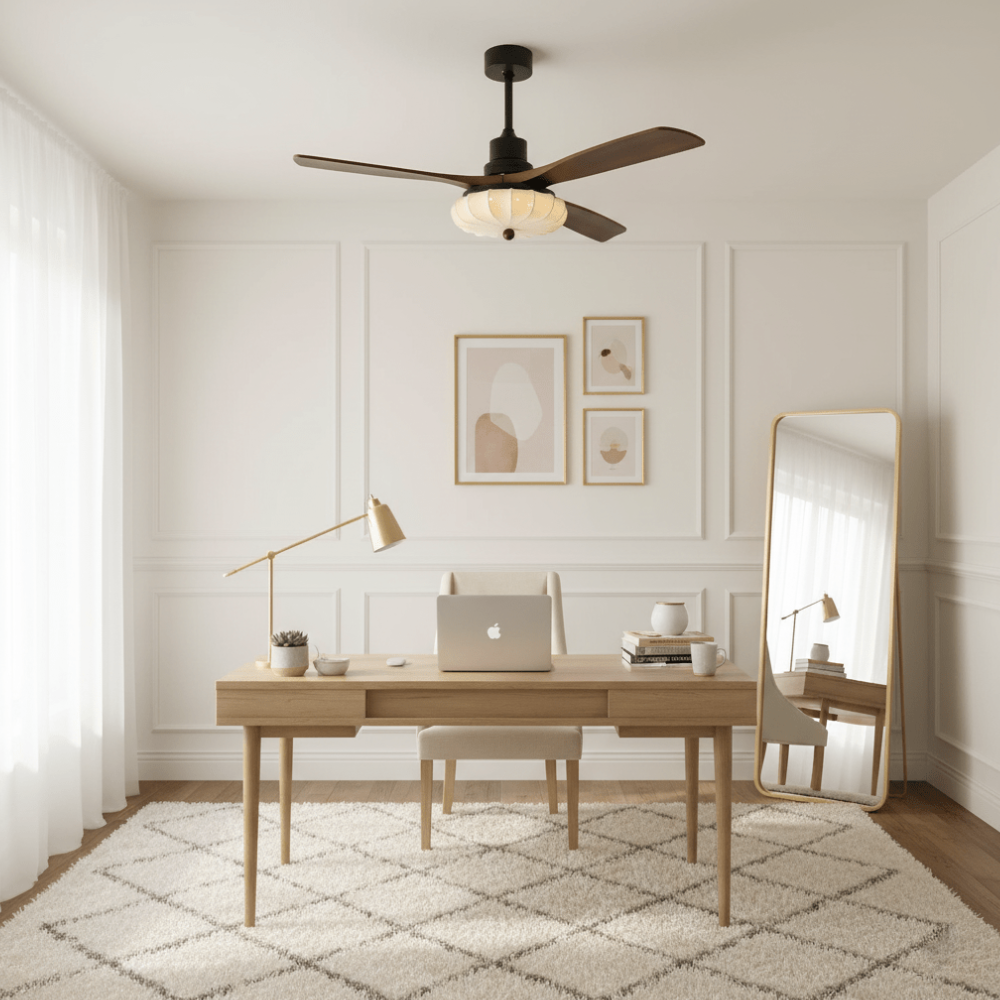 Deckenventilator mit Licht und handgefertigtem Lotus-Schirm aus Stoff – ruhiger moderner Stil