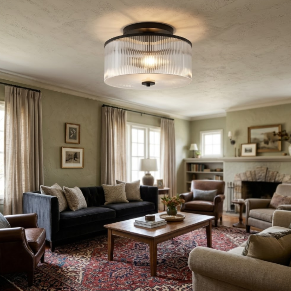 Modern Fluted Glass Drum Flush Mount - Ribbed Glass Ceiling Light