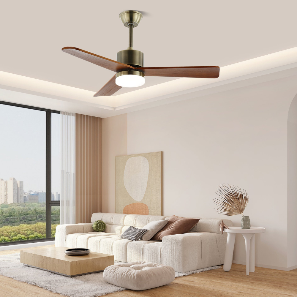 LED-Deckenventilator aus Metall und Holz mit 6-Gang-Fernbedienung – Modernes Design