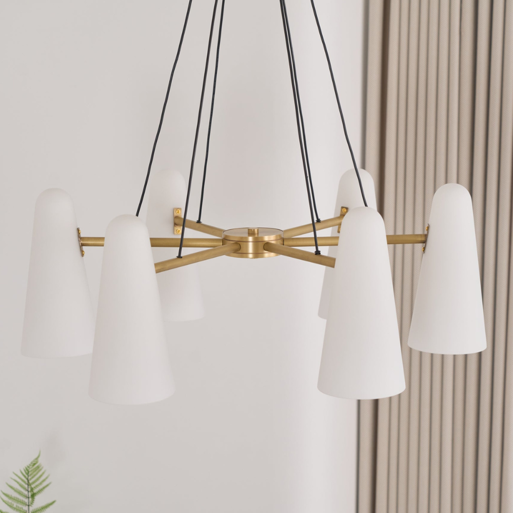 Lustre avec abat-jours en verre conique et cadre métallique - Moderne milieu du siècle