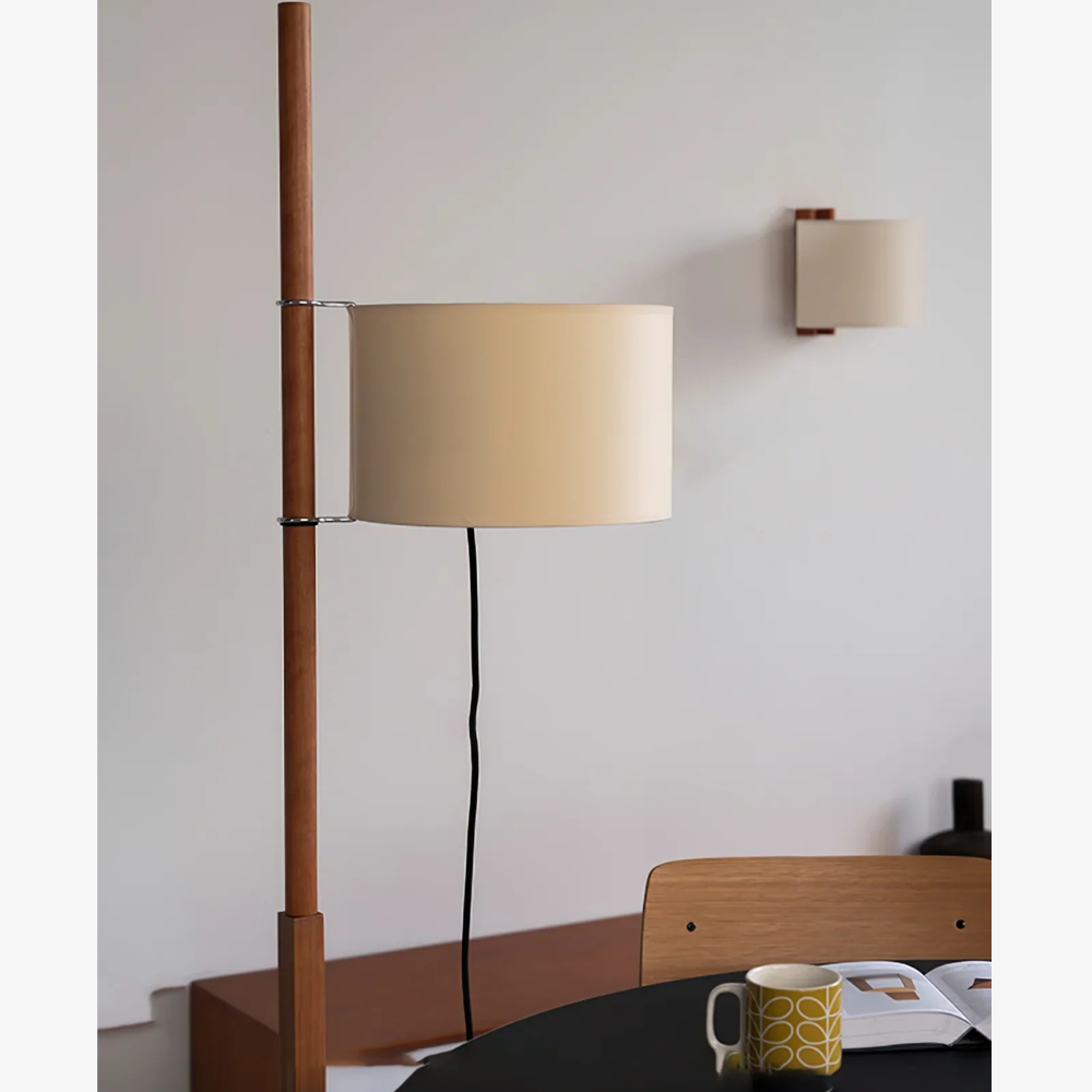 Vintage floor lamp with Fabric Shade and Artisanal Wooden Pole - Contemporary Sconce