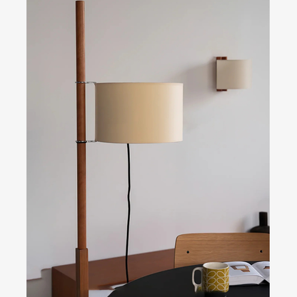 Vintage floor lamp with Fabric Shade and Artisanal Wooden Pole - Contemporary Sconce