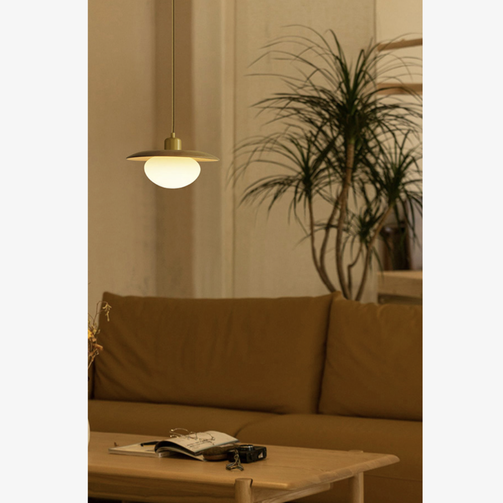 Moderne Pendelleuchte aus Kieselglas und Holz – Japandi Disk Pendelleuchten