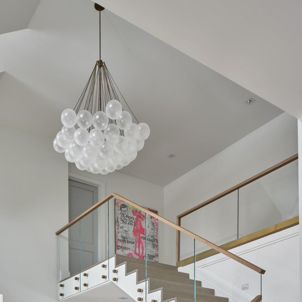 Kronleuchter mit Cluster-Glaskugelschirmen und verstellbarer Stange – Mid Century