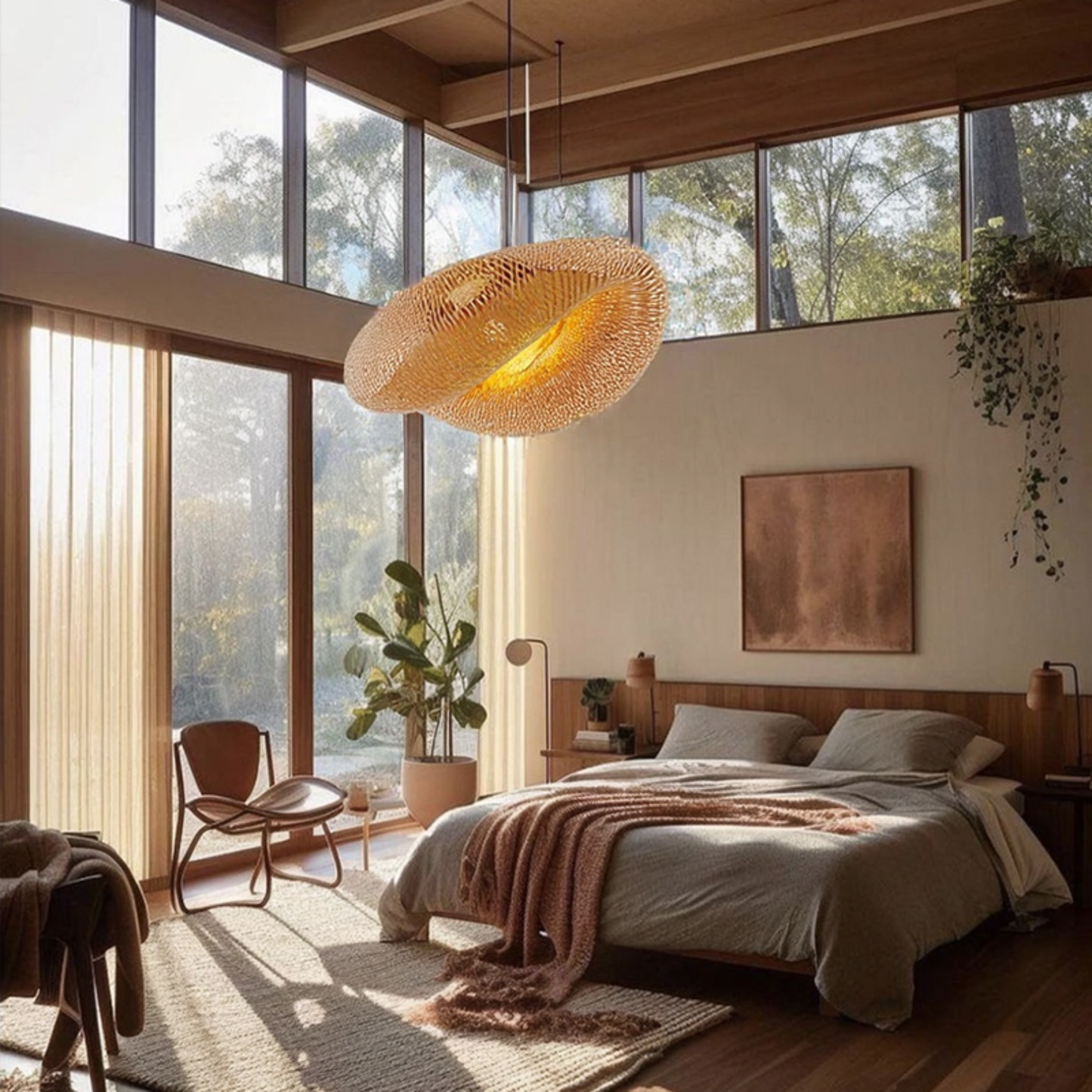 Lustre suspendu en rotin moderne - Lampe de plafond en bambou