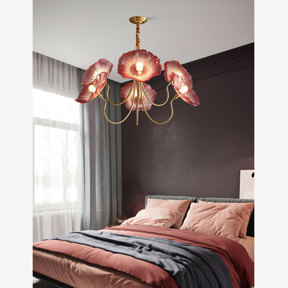 Chandelier with Flower Glass Shades and Gold Metal Frame - Modern Art Deco