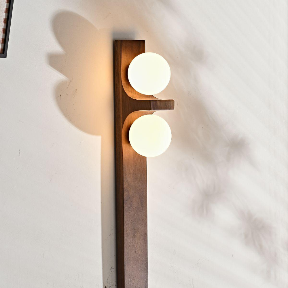 Double Orb Wall Sconce with Carved Wood Base - Mid Century Modern