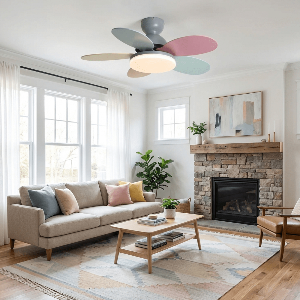LED-Deckenventilator mit flachem Blumen-Silhouetten-Design und umkehrbarem Luftstrom – verspieltes Design