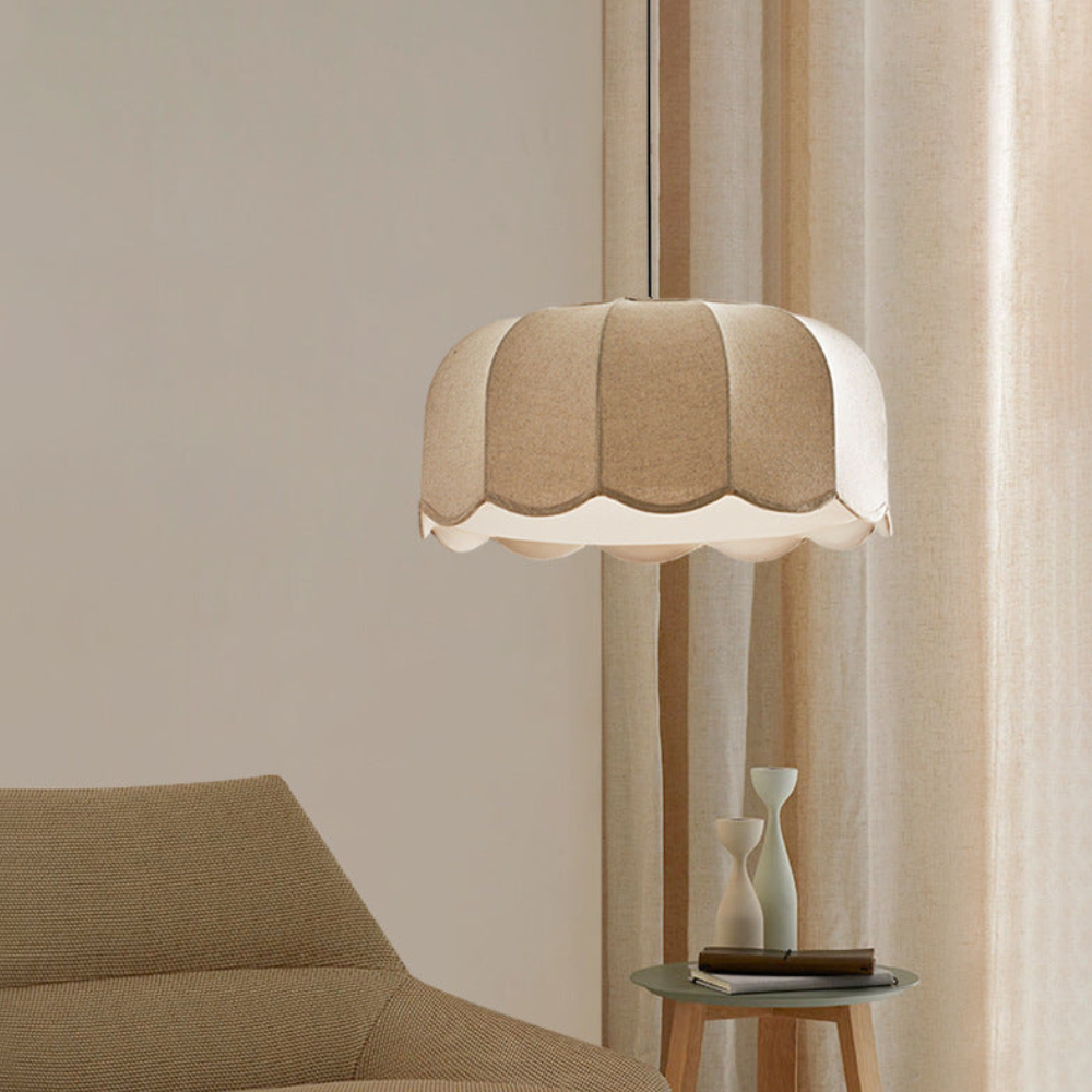 Scalloped Fabric Pendant Lamp - Modern Boho Beige Striped Ceiling Light