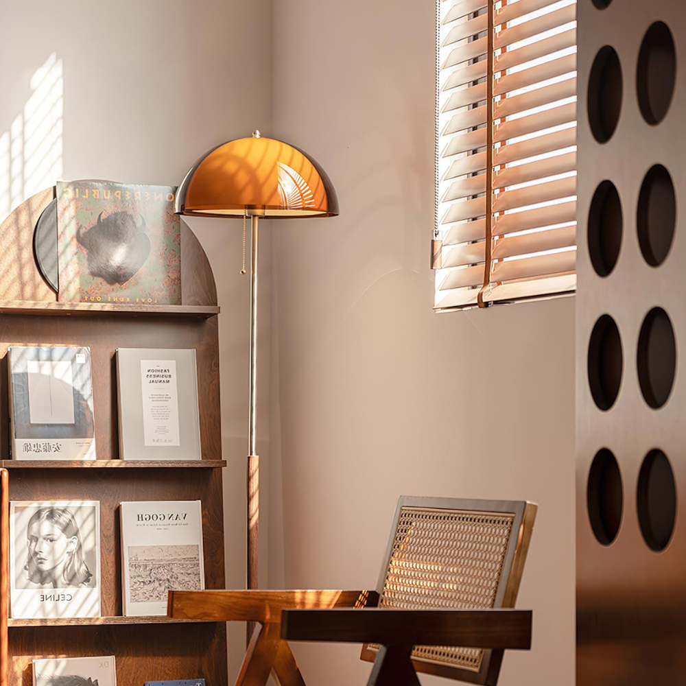 Torchiere Floor Lamp with Bi-Material Metal and Wood Stem with Acrylic Dome Shade