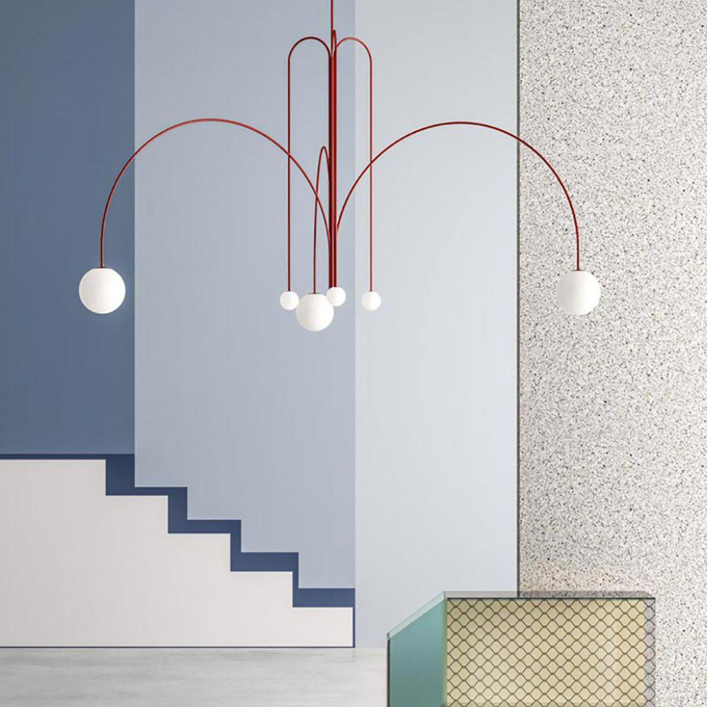 Chandelier with Arched Arms and Frosted Globes - Modern Mid Century