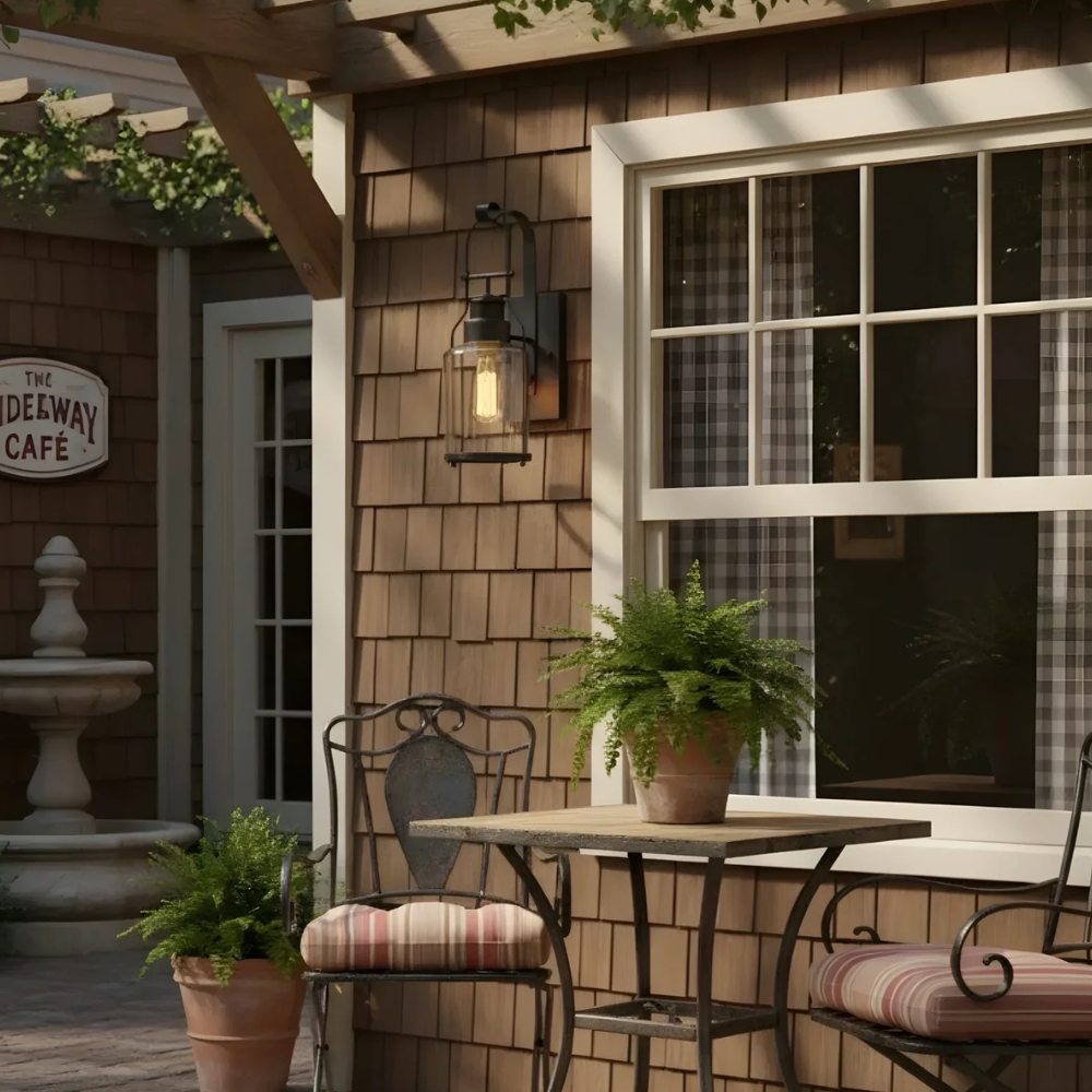 Permanent Outdoor House Lights with Clear Glass Jar Shade and Iron Arm