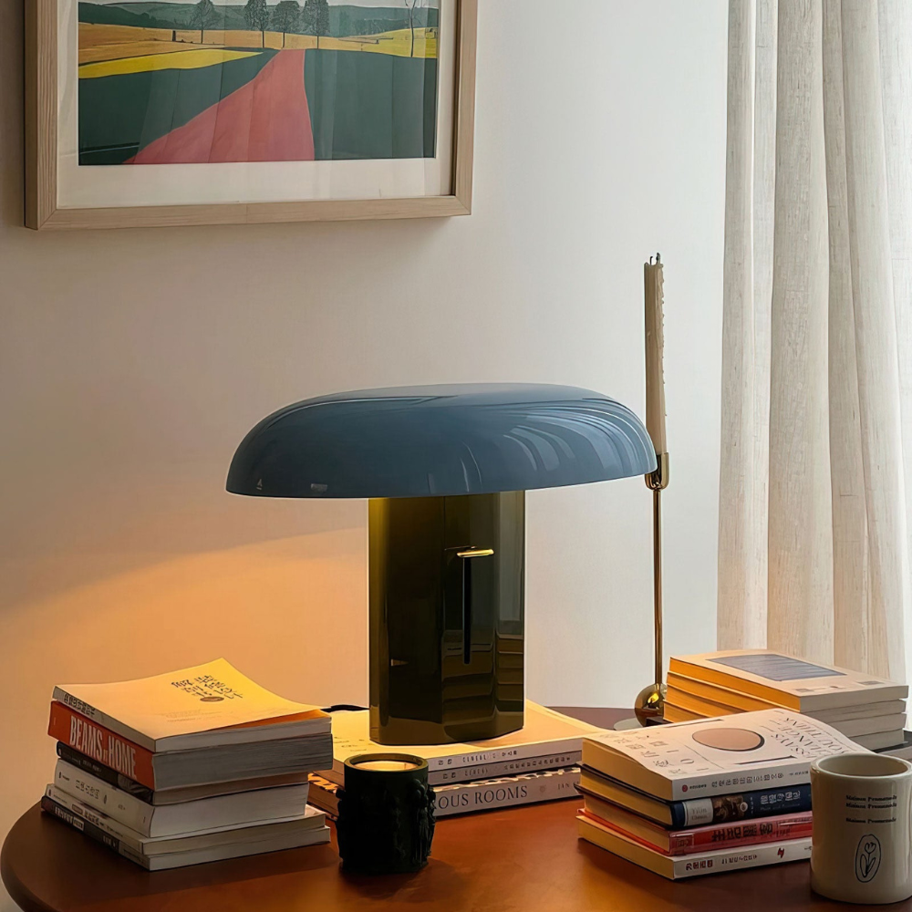 Mushroom Table Lamp with Slanted Shade and Dimmer Switch - Mid Century