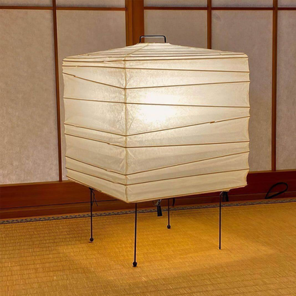 Japanese Paper Lantern Table Lamp with Metal Handle - Wabi Sabi Design