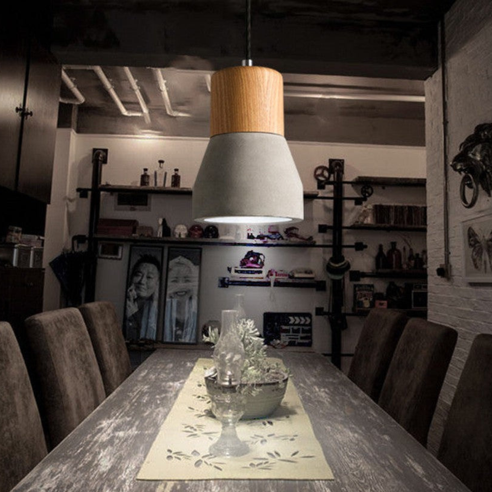 Modern Concrete & Wood Pendant Light - Nordic Industrial Timber Hanging Lamp
