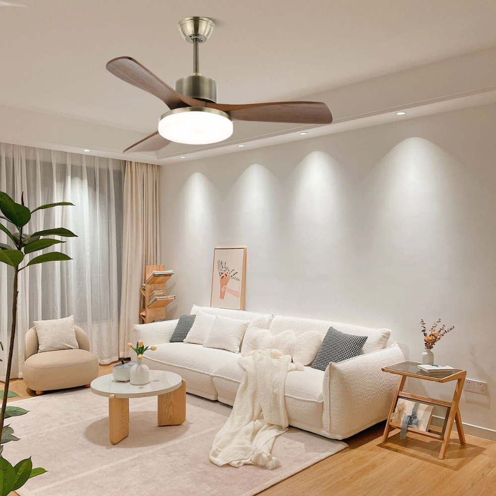 LED-Deckenventilator aus Metall und Holz mit 6-Gang-Fernbedienung – Modernes Design