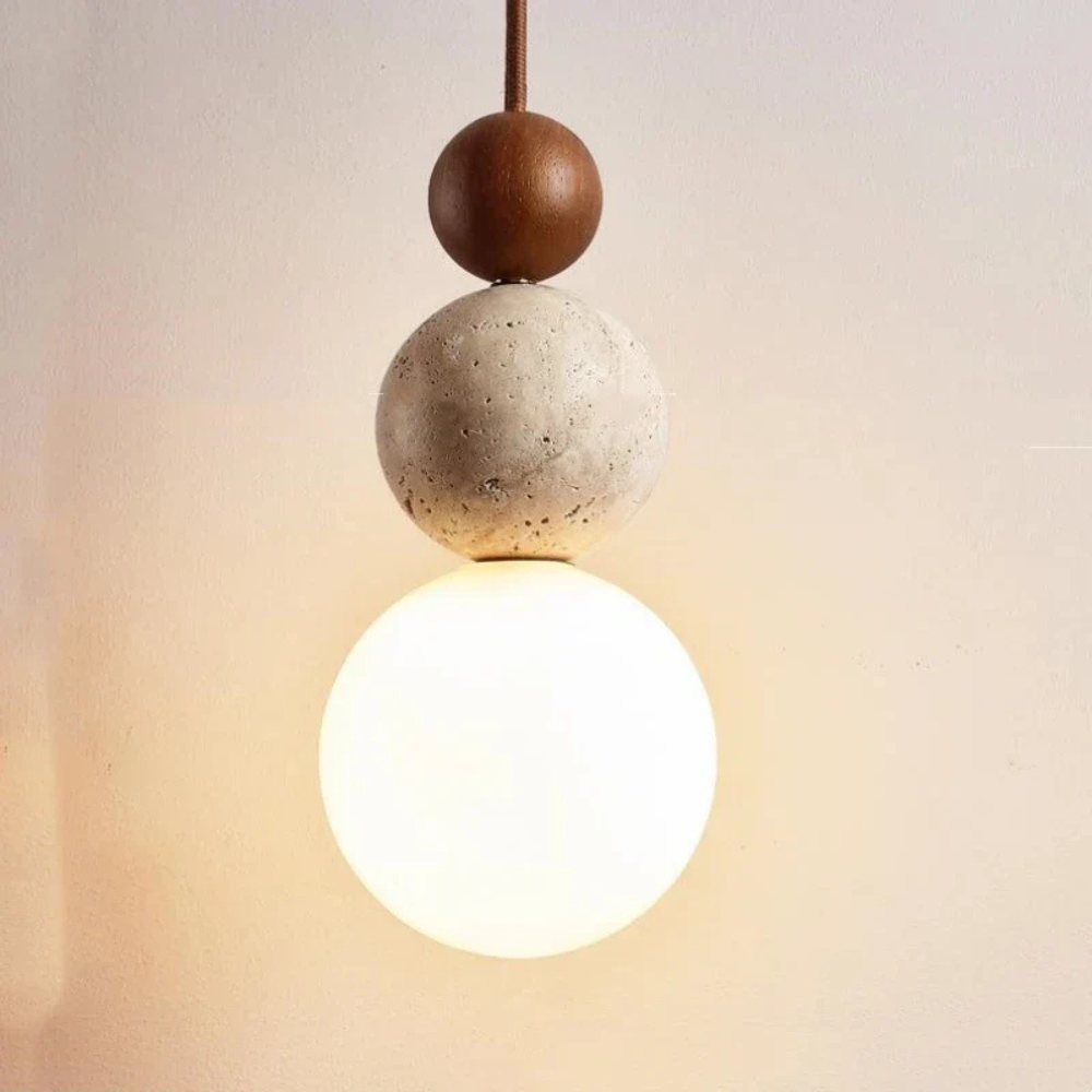 Wabi-Sabi Stacked Sphere Pendant Light - Travertine Stone, Wood, and Glass