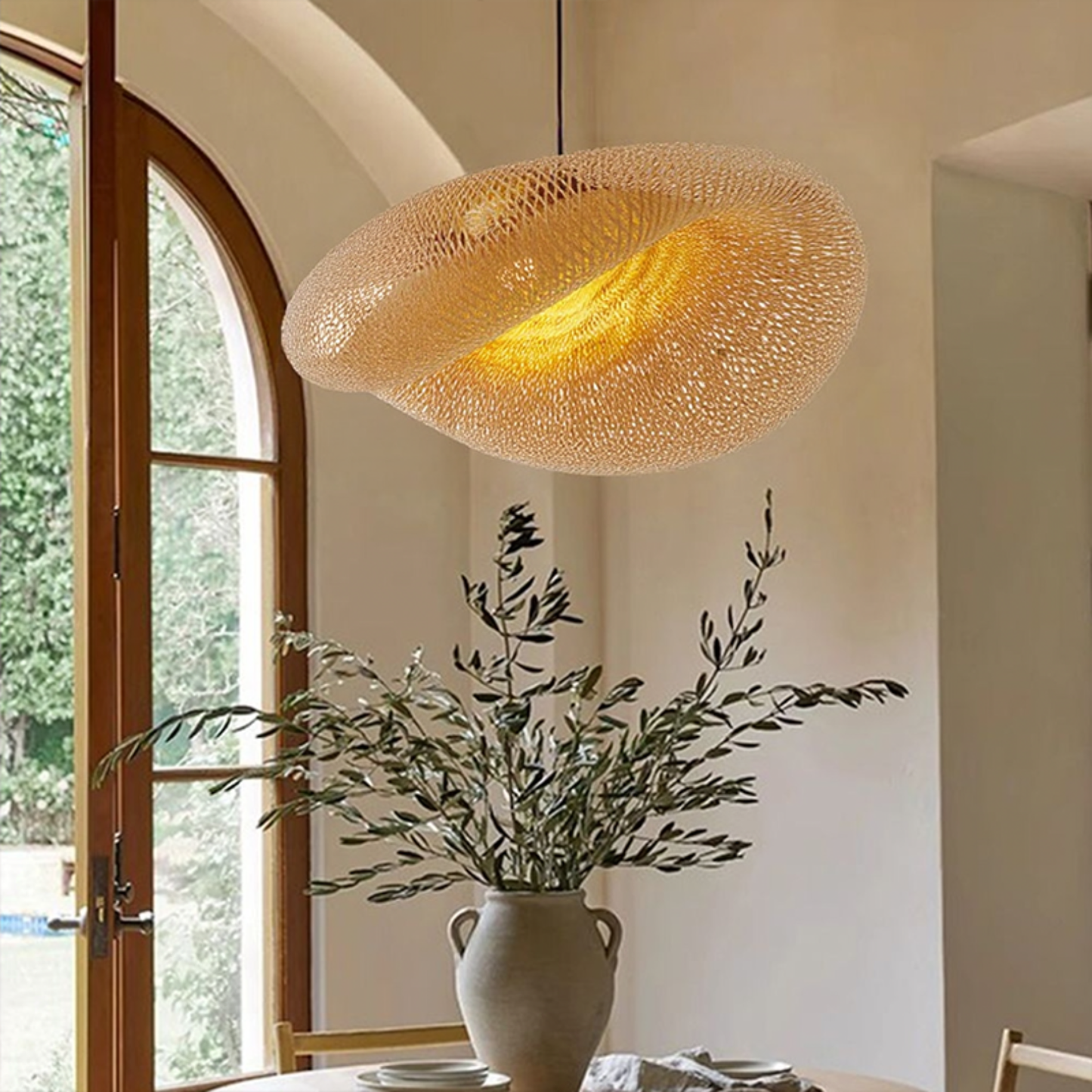 Lustre suspendu en rotin moderne - Lampe de plafond en bambou