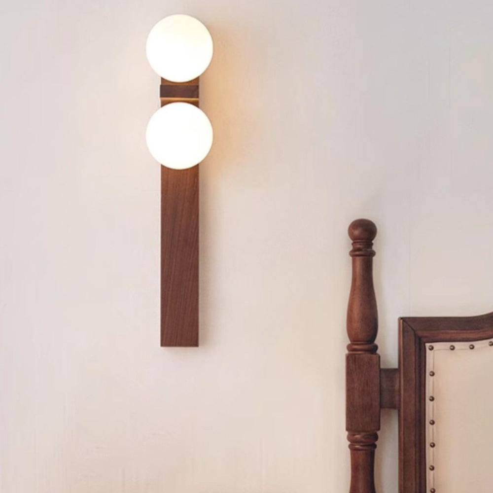 Double Orb Wall Sconce with Carved Wood Base - Mid Century Modern