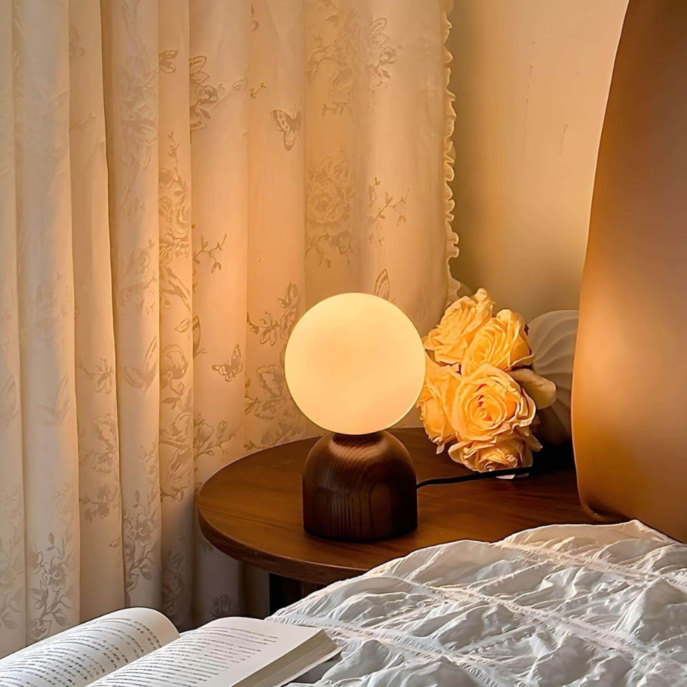 Glass Globe Table Lamp with Wood Base - Mid Century Modern Style